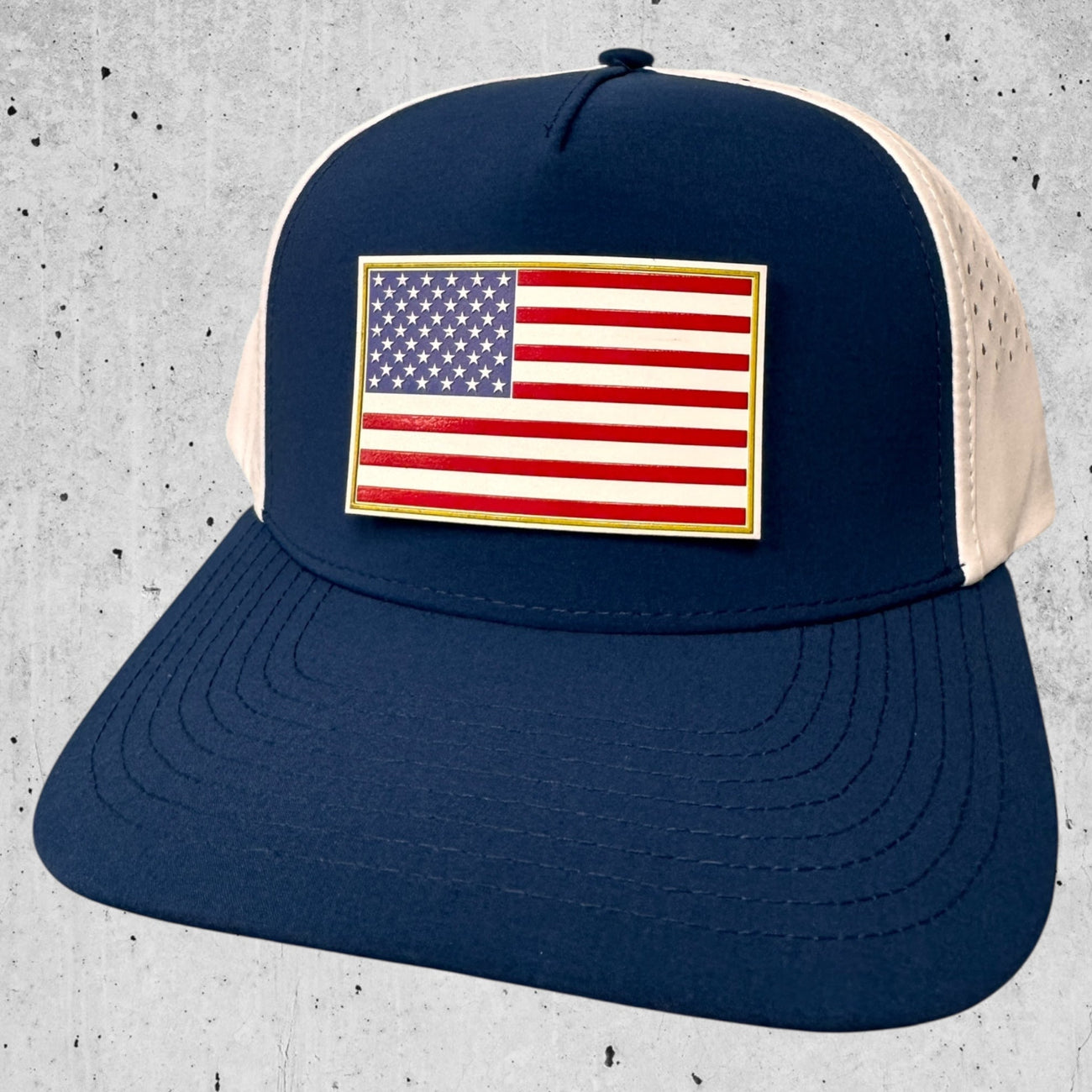 UV Printed American Flag Patch Hat on Navy / White Performance Hat