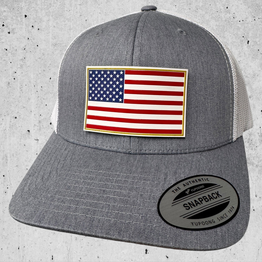 UV Printed American Flag Patch on Grey / White Trucker Hat