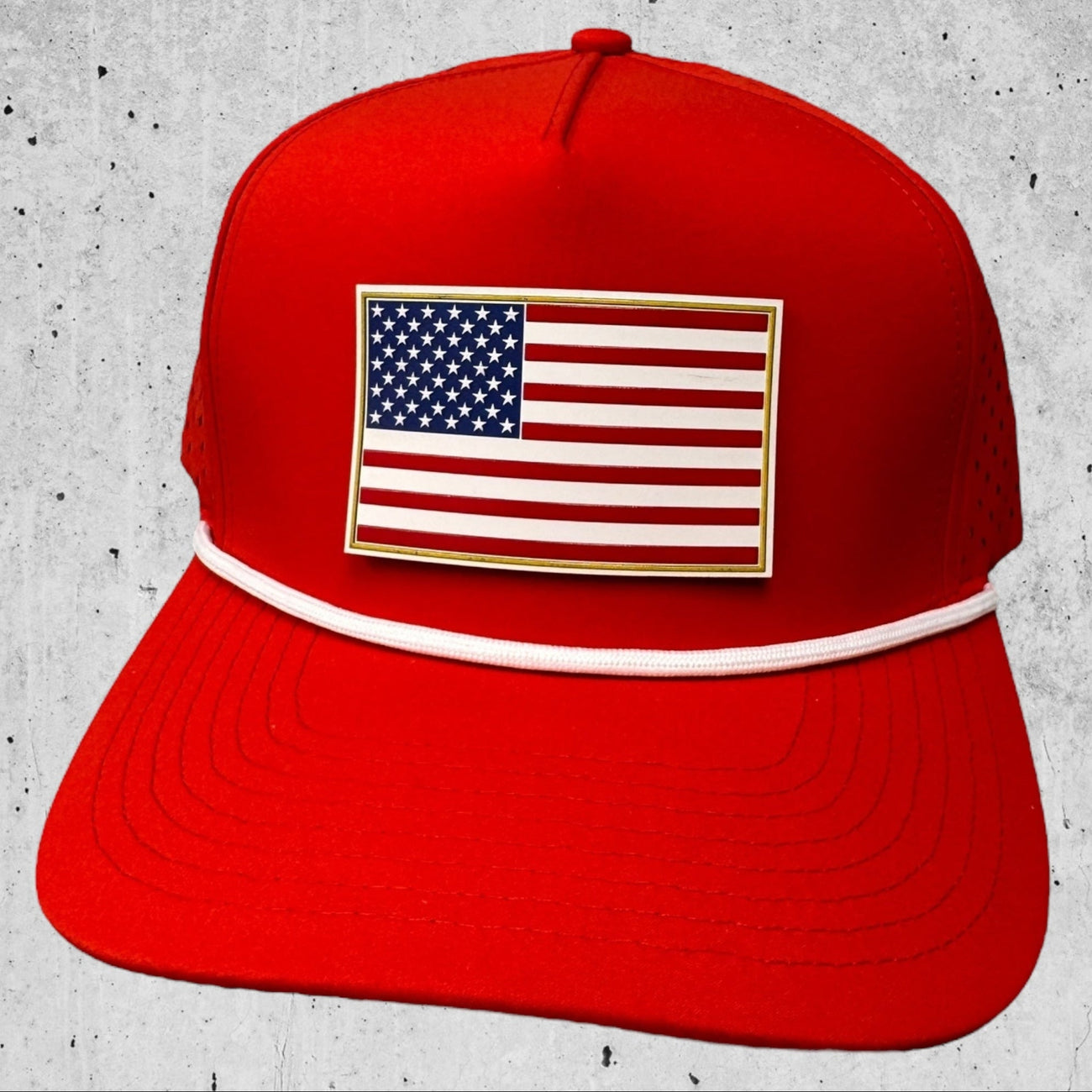 UV Printed American Flag Patch Hat on Red w/ White Rope Performance Hat