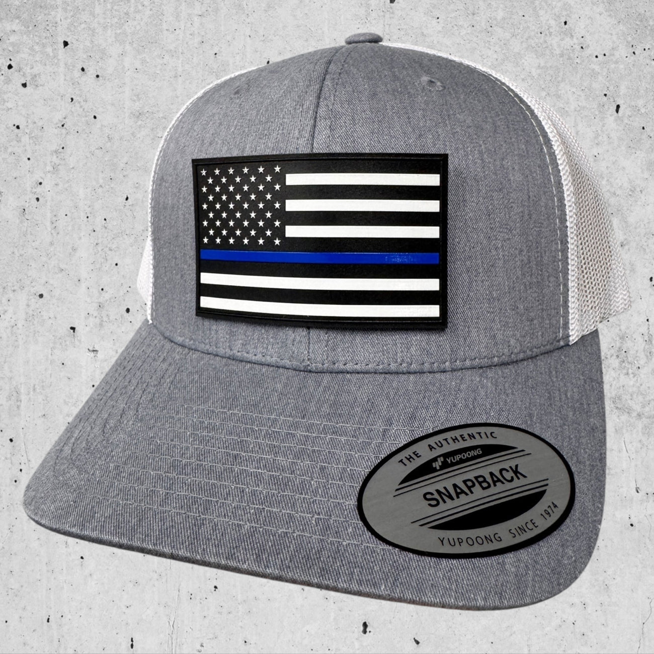 UV Printed Thin Blue Line, American Flag Patch on Grey / White Trucker Hat