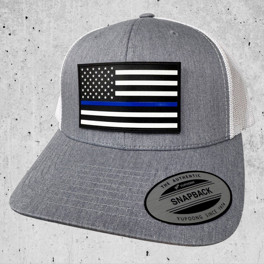 UV Printed Thin Blue Line, American Flag Patch on Grey / White Trucker Hat