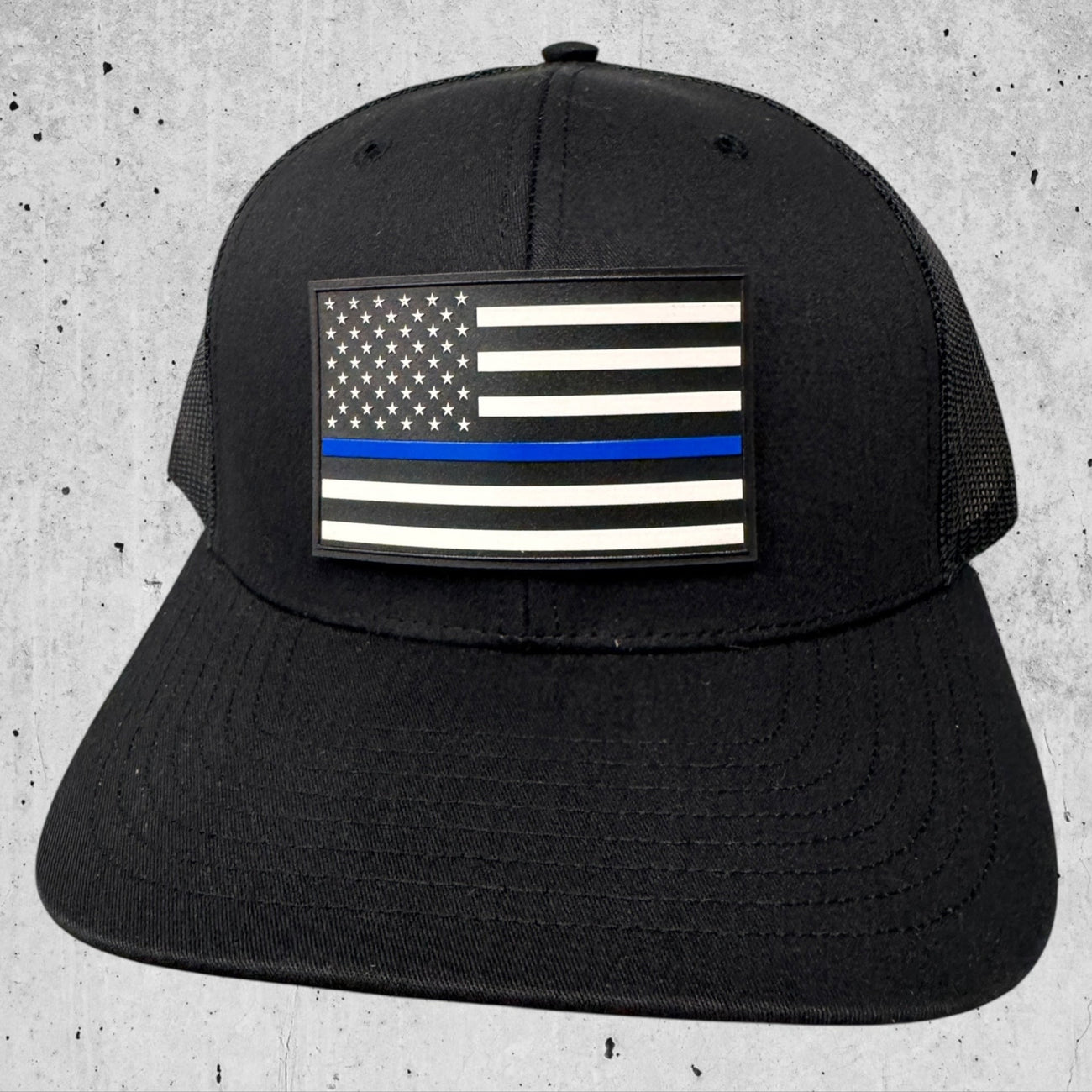 UV Printed Thin Blue Line, American Flag Patch on Black Trucker Hat