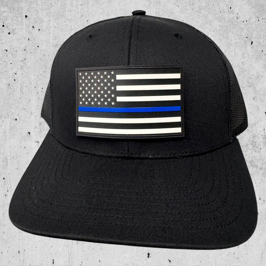 UV Printed Thin Blue Line, American Flag Patch on Black Trucker Hat