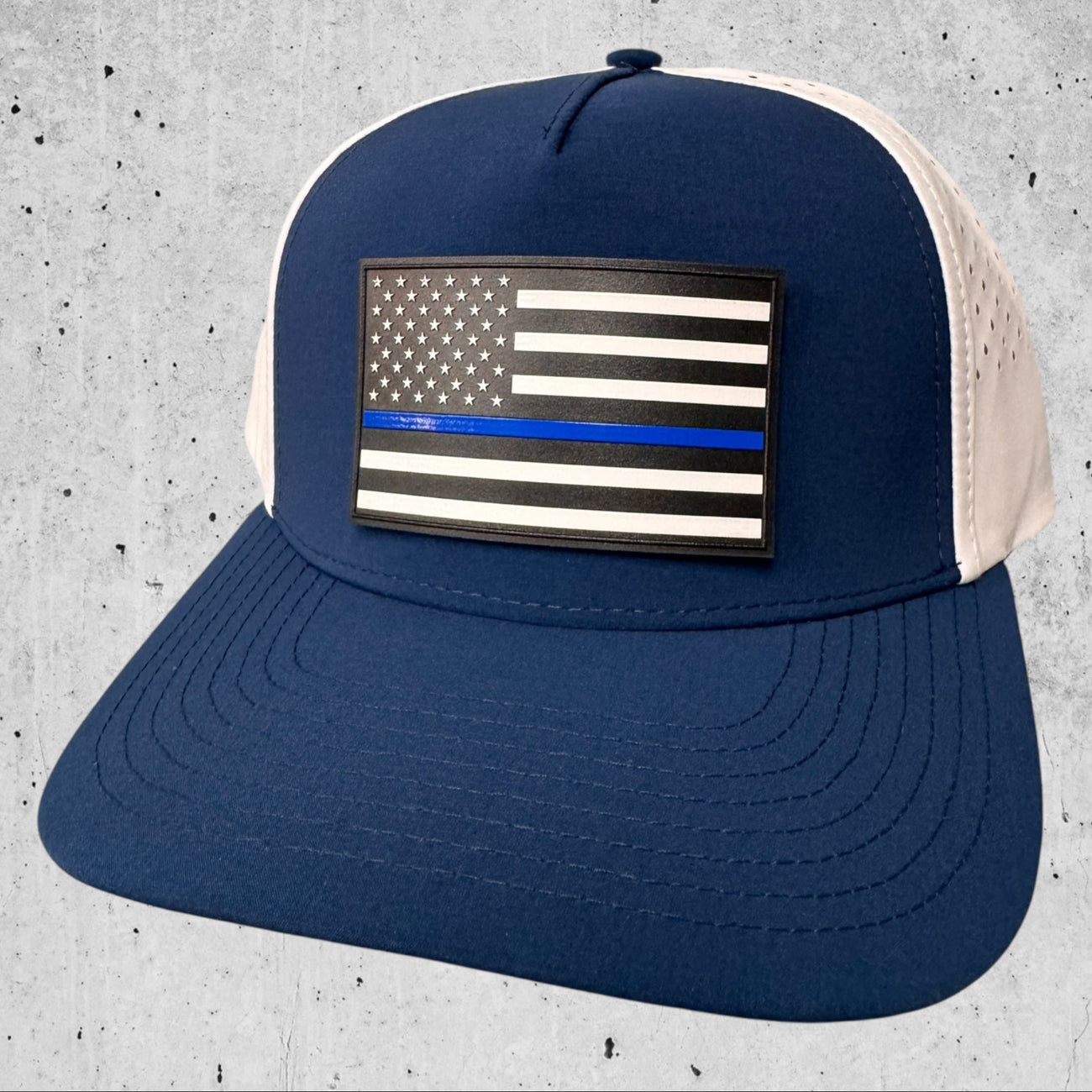 UV Printed Thin Blue Line, American Flag Patch on Blue / White Performance Hat
