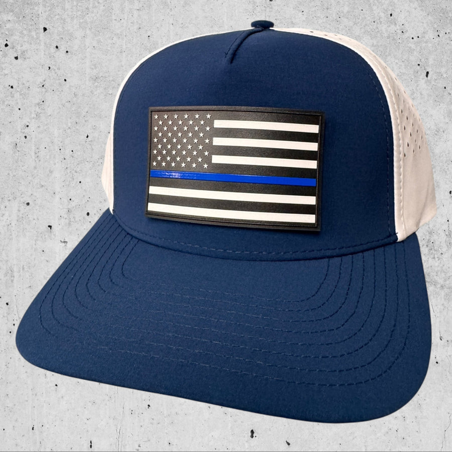 UV Printed Thin Blue Line, American Flag Patch on Blue / White Performance Hat