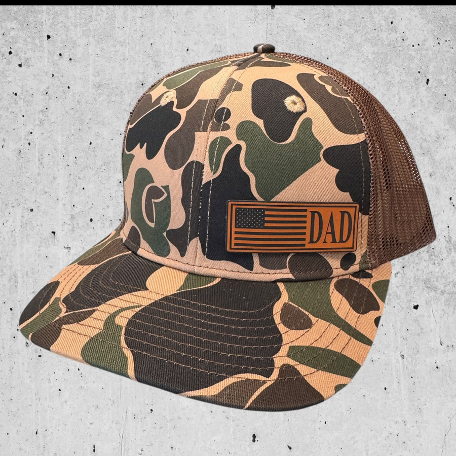 Brown Old School Camo Trucker Fathers Day American Flag Hat